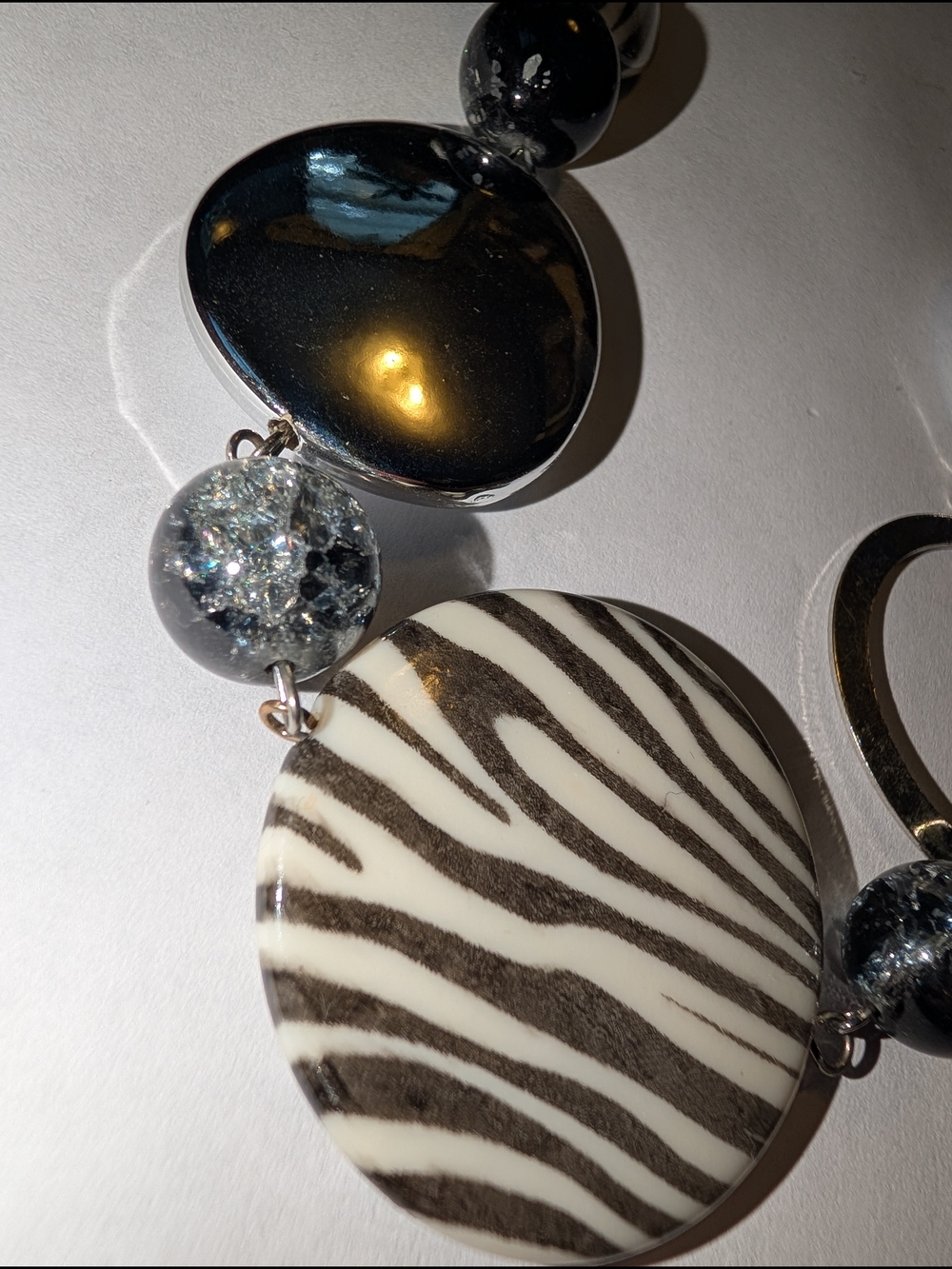 Zebra Print Statement Necklace with Silver & Crackle Beads